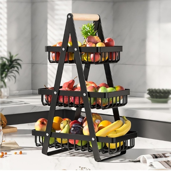 Other - 3-Tier Fruit Basket, Detachable Metal Vegetable Basket with Wooden Handle Iron